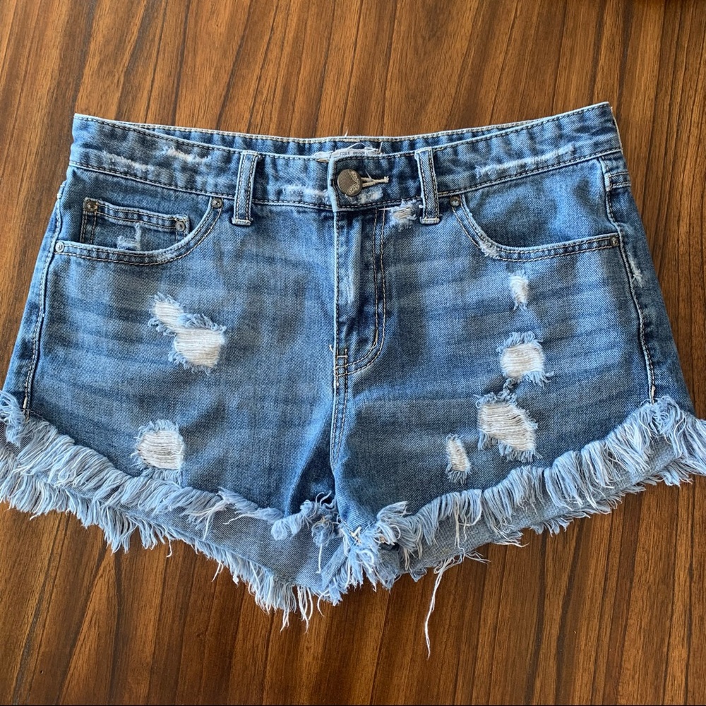 Free People Denim Cut Off Destroyed Fringe Shorts 28